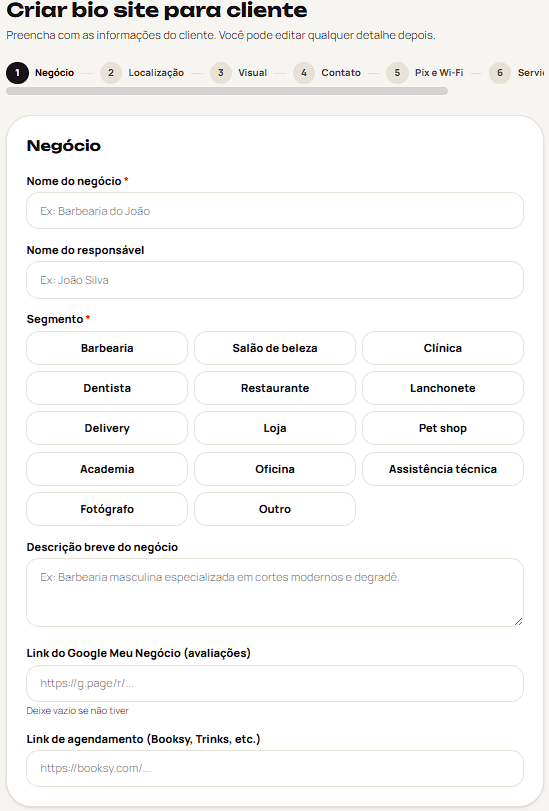 Onboarding guiado para criar bio site de cliente